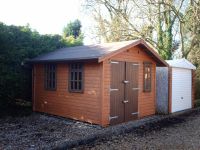 12 x 10 Leisure Room, painted cuprinol cedar on the shiplap and cuprinol seasoned oak on the doors and windows