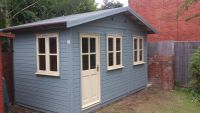 14 x 10 Leisure Room with garden office windows. Painted with Protek Cream and Pale Sage wood protector.