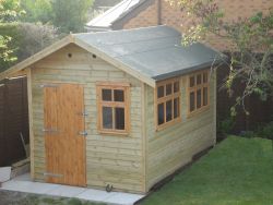 8ft wide x 12ft deep with Green Mineral Felt Roof and 4 and six pane Windows